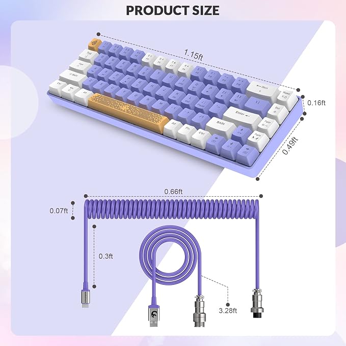 ZIYOU LANG RK-T8 Wired 65% Mechanical Gaming Keyboard with RGB LED Backlit Anti-ghosting TKL Mini 68 Key Custom Coiled C to A Cable Tactile Blue Switch for PS4 PS5 Xbox PC Mac Gamer(White Purple)