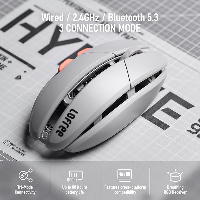 LOFREE Hypace Ultra-Lightweight Wireless Gaming Mouse, 47g, PAW3950 Sensor, 40K DPI, 8K Polling Rate, Mg Alloy Frame, Tri-Mode(Bluetooth/2.4GHz/Wired), 100Hrs Battery for PC/Mac (Crayon Grey)