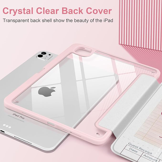 TWOLSKOO Case for iPad Pro 11-inch (M5 2025 / M4 2024), Clear Acrylic Back with TPU Bumper, Pencil Holder, Trifold Stand, Auto Sleep/Wake, Guest Check