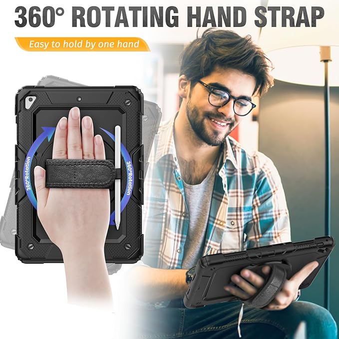 HXCASEAC Rugged Case for iPad Pro 9.7, iPad Air 2, 9.7 inch, Full Body Protective Design with Pencil Holder, Built-in Screen Protector, Rotating Stand, Hand Strap, for iPad Air 2 Hard Case (Black)
