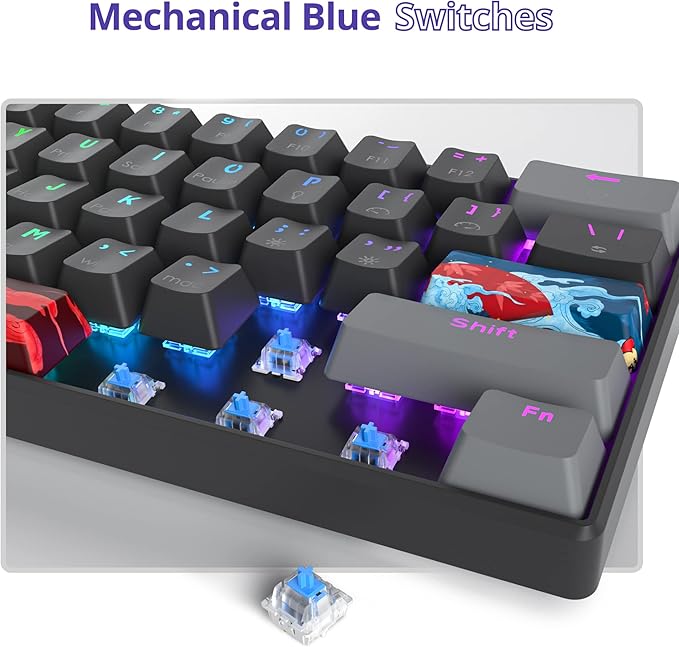 Owpkeenthy Wired 60% Percent Mechanical Gaming Keyboard with Blue Switch Ultra Compact RGB Gaming Keyboard Backlit Keys N-Key Rollover for PC Gamer (Dark/Blue Switch)