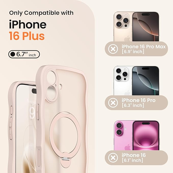 CAPRARO for iPhone 16 Plus Case with 360° Spin Magnetic Stand for Women, [Compatible with MagSafe] [Full Camera Protection] Cute Wave Translucent Matte Case for iPhone 16 Plus, Pink Gold