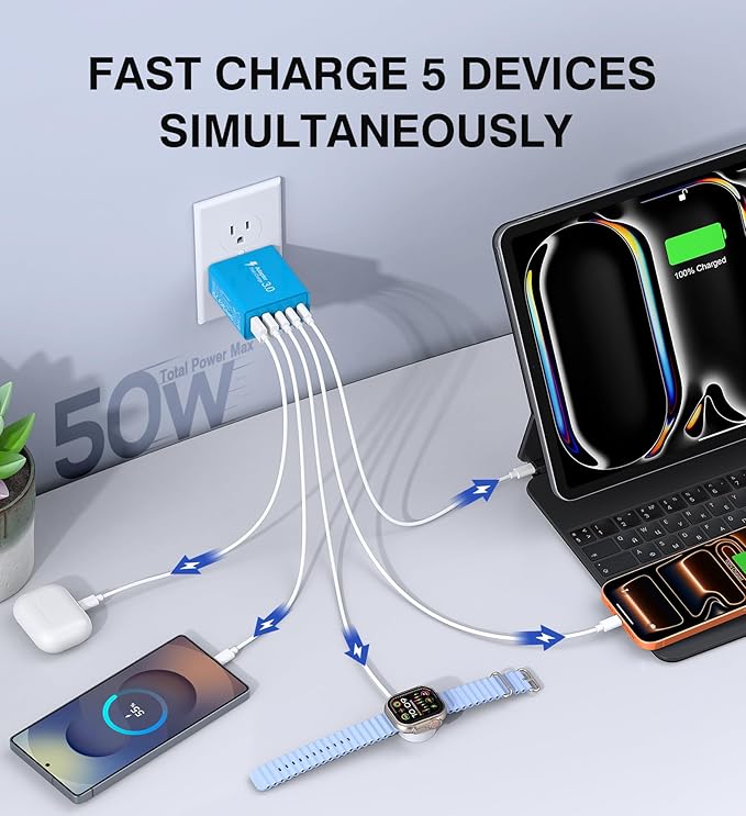 [50W/2Pack] Wall Charger, USB C Charger Block, 5-Port PD + QC 3.0 Fast Charging Power Plug Adapter Brick for Watch Series 10 9 8 7, for iPhone 17 16 15 14 13 Pro Max Airpod, Samsung Galaxy S25(Blue)