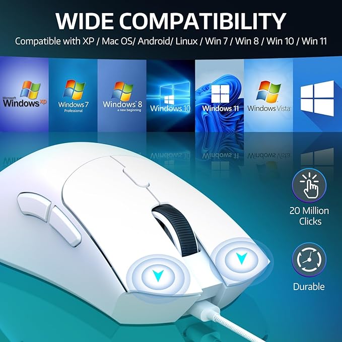 ATTACK SHARK R1 Wireless Gaming Mouse,Tri-Mode Connection (2.4G/Wired/BT5.2),55g Lightweight,18K DPI Optical Sensor,HUYU 20 Million Key Life,Ergonomic Design,for PC/Laptop/Win/Mac(White)