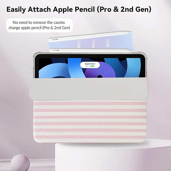 Lovmooful Compatible for iPad Air 6th 11-inch M2 (2024),iPad Air 5/4 (2022/2020 5th/4th Generation 10.9-Inch) Case with Pencil Holder Cute Striped Design Soft TPU Trifold Stand Protective-Pink&White