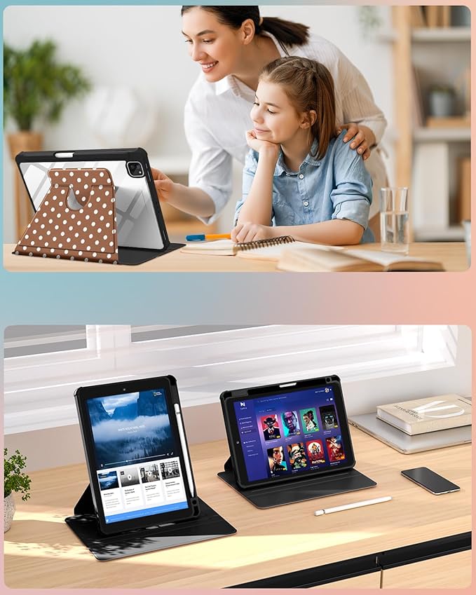 Uppuppy for iPad Air 11 inch Case(Air M4 2026, 8th Gen/M3 2025/M2)/Air 5th/4th Gen 10.9", for iPad Pro 11 inch Case(Pro 4th/3rd/2nd/1st Gen) - 360 Rotating Folio Cover with Pencil Holder, Brown Polka