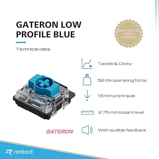 Ranked Gateron ks-27 Low Profile Key Switches for Mechanical Gaming Keyboards | Plate Mounted (Gateron Blue, 90 Pcs)