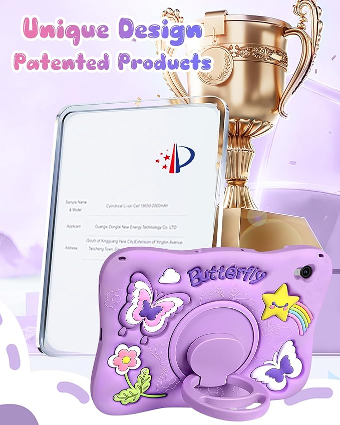 Kidcube for Galaxy Tab S10 FE Case, for Samsung Galaxy Tab S9 FE Case 10.9" - Girls Cute Kawaii Girly 3D Purple Butterfly Design Cover with Rotating Stand & Strap Unique Silicone Women Tablet Covers
