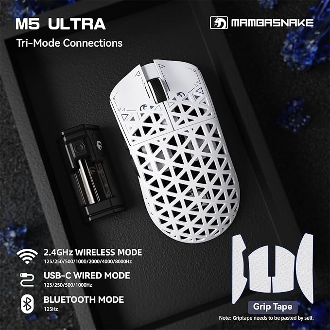MAMBASNAKE M5 Ultra Carbon Fiber 8KHz Wireless Gaming Mouse,PAW3950MAX Sensor 42K DPI,39g Lightweight Tri-Mode 2.4GHz/BT/Wired Computer Mice,Web Driver Support,for Win/Mac/FPS/MOBA/Esports-White (B)