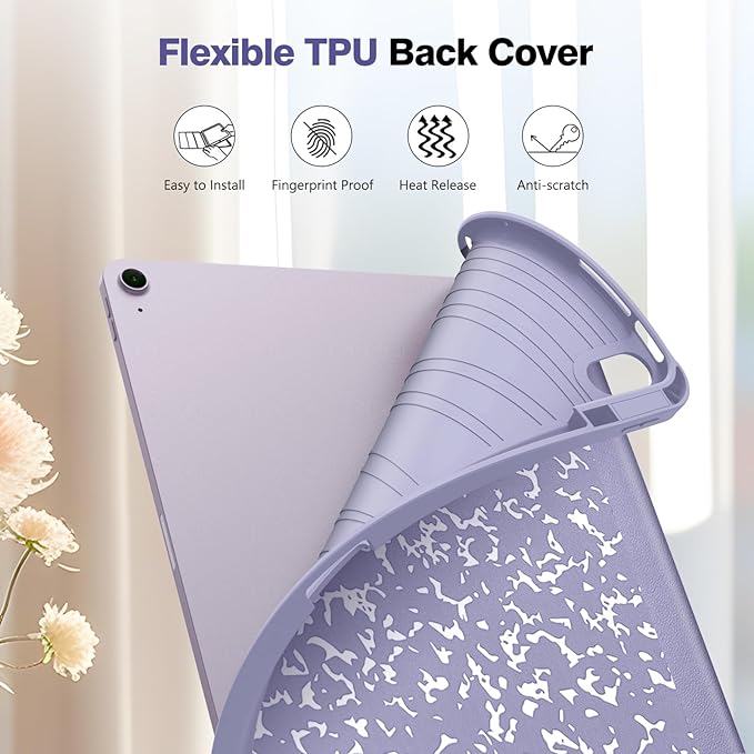 Fintie SlimShell Case for iPad Air 13-inch M4/M3/M2 (2026/2025/2024) - [Built-in Pencil Holder] Soft TPU Protective Stand Back Cover with Auto Wake/Sleep, Composition Book Lilac