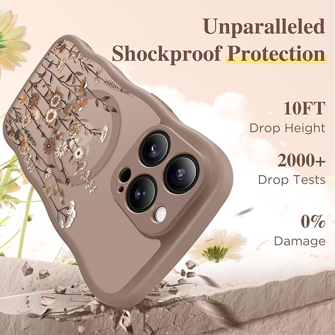 GVIEWIN for iPhone 15 Pro Case Compatible with MagSafe [Curly Wave Edge][Full Camera Protection] Floral Translucent Shockproof Magnetic Women Phone Case for iPhone 15 Pro 6.1'', Floratopia/Brown