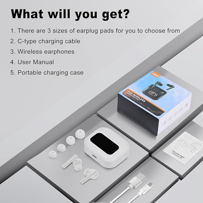 Wireless Earbuds, Bluetooth 5.4 Ear Buds with Touch Screen, ANC/ENC Noise Cancelling Earbuds with Charging Case, IPX7 Waterproof, 6 EQ Modes, 40H Playtime Stereo Sound Earphones for iOS Android(White)