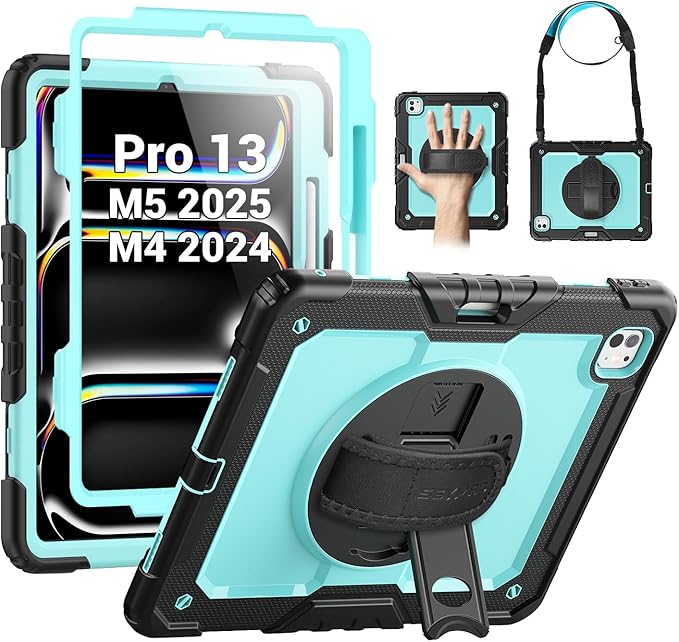 SEYMAC Case for iPad Pro 13 Inch M5 2025 / M4 2024, Heavy Duty Shockproof Protective Case with Screen Protector, 360° Rotating Stand, Hand/Shoulder Strap and Pen Holder, Light Blue