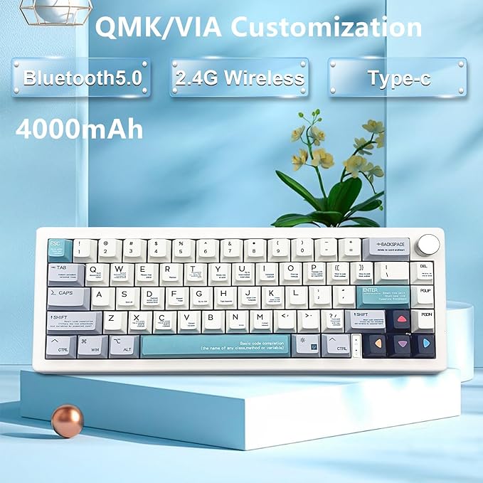BOYI GMK67Pro Keyboard Barebones Kit,QMK/VIA Programmable BT5.0/2.4G/Type-C Tri-Mode Wireless RGB Gasket Mounted 65% Compact Custom RGB 4000mAh Mechanical Keyboard with Knob DIY Kit(White)