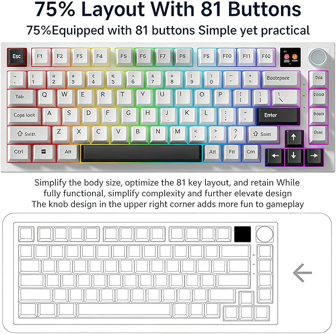 FKZ K75 Mechanical Keyboard with Knob Screen,75% Hot Swap Tri-Mode Bluetooth 5.0/2.4G Wireless/Type-C Wired RGB Gaming Keyboard PCB Gasket Mount Custom Creamy Blue&White Keyboard