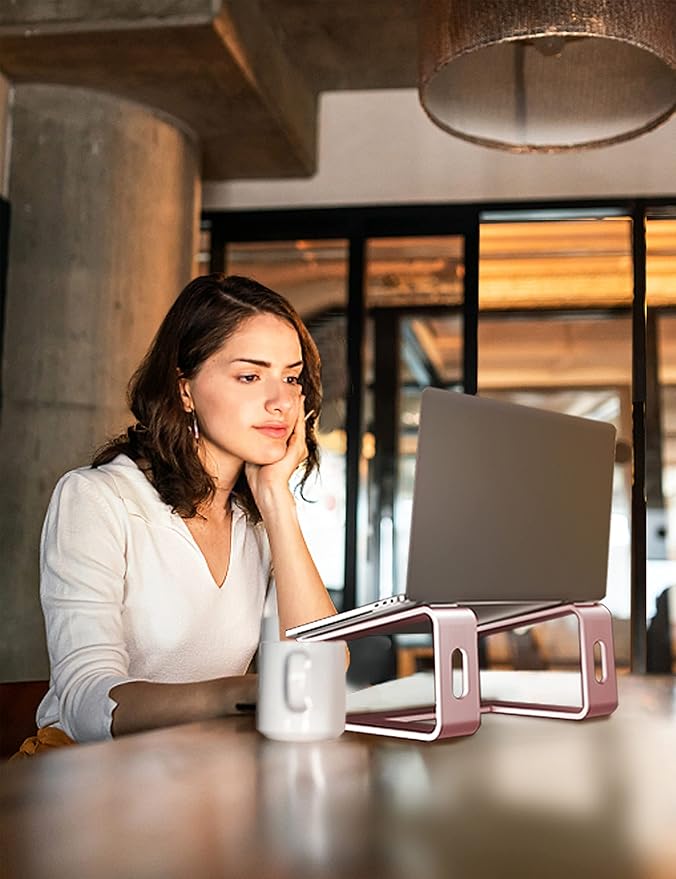 SOUNDANCE Laptop Stand, Aluminum Computer Riser, Ergonomic Laptops Elevator for Desk, Metal Holder Compatible with 10 to 15.6 Inches Notebook Computer, Gold Pink