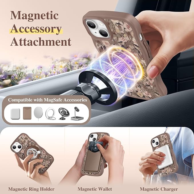 GVIEWIN Cute for iPhone 14 Case & iPhone 13 Case [Compatible with MagSafe] [Curly Wave Edge] Floral Translucent Magnetic Shockproof Protective Phone Cover for iPhone 14/13 6.1'', Apricot Blossom/Brown