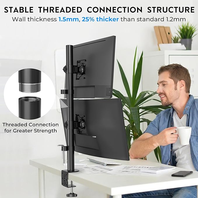 BONTEC Vertical Dual Monitor Desk Mount, Supports 13-34 Inch Screens, Full Motion Adjustability, VESA 75x75/100x100mm, Up to 22lbs per Arm, C Clamp and Grommet Mounting Options, Cable Management