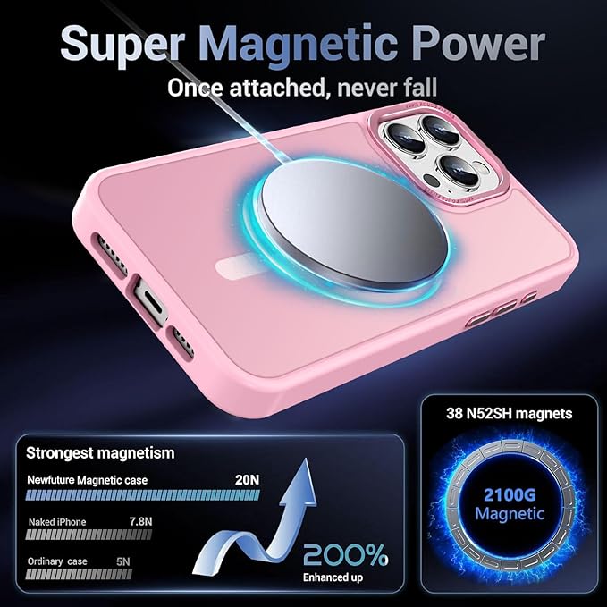 Newfuture Magnetic for iPhone 15 Pro Case [Compatible with Magsafe] [Military Grade Drop Protection] Translucent Matte Anti-Fingerprint Shockproof Phone Case for iPhone 15 Pro 6.1 inch, Chalk Pink