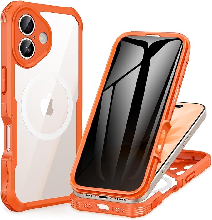 CENHUFO Magnetic Privacy for iPhone 17 Case [Compatible with Magsafe] Full Body Phone Case Built-in 9H Tempered Glass Privacy Screen Protector Camera Protection Shockproof Bumper Clear Cover -Orange