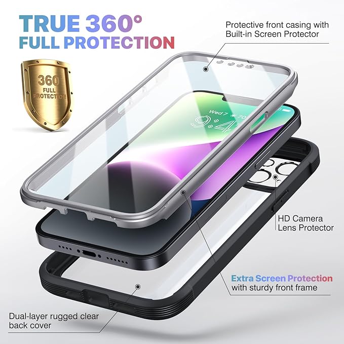 Diaclara Designed for iPhone 14 Plus Case, Full Body Rugged Case with Built-in Touch Sensitive Anti-Scratch Screen Protector, with Camera Lens Protector for iPhone 14 Plus 6.7" (Black)
