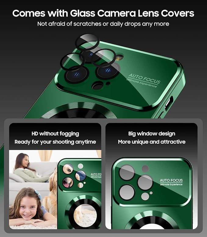 MAKAVO Magnetic for iPhone 16 Pro Max Case, Compatible with MagSafe, Built-in Camera Lens Protector, Logo View, Military Grade Drop Protection Phone Cover, Green