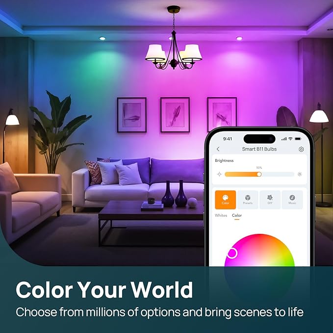Linkind Matter Smart Bulbs, E12 Led Bulb Works with Alexa/Apple Home/Google Home, 2.4Ghz WiFi RGBTW Smart Light Bulbs, 6 Pack
