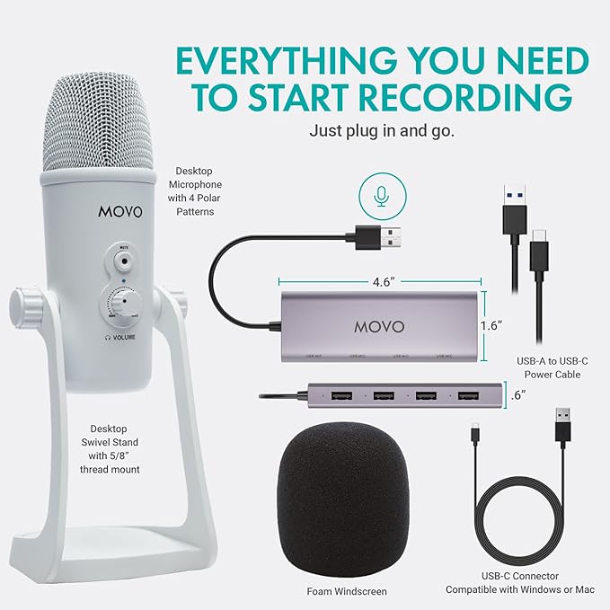 Movo USB Podcast Equipment Bundle for 2 – USB Interface with 2 UM700 Condenser Microphones – 4-Port Powered Hub for Streaming, Podcasting, Interviews (White)
