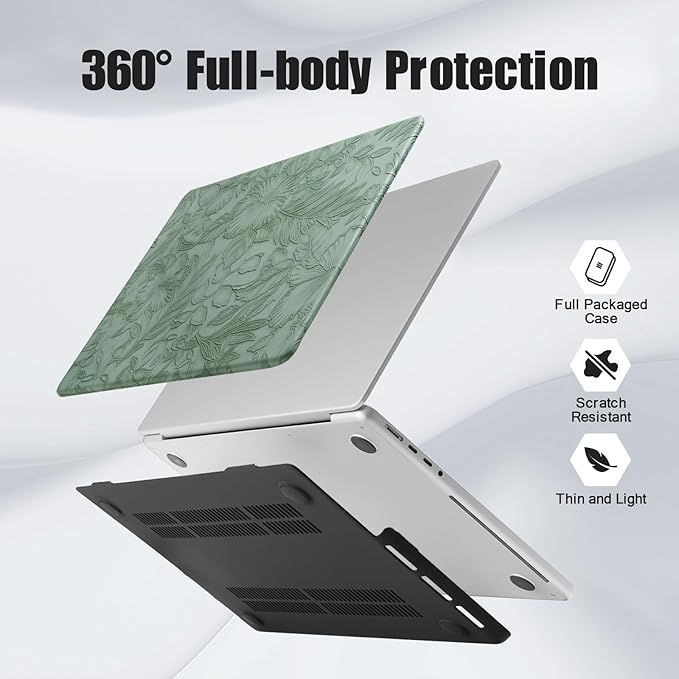 DTangLsm for MacBook Air 15 inch Case 2026 2025-2023 M5 M4 M3 M2 A3448 A3241 A3114 A2941 MacBook Air 15" Case, Retro Leather Hard Cover for MacBook Air 15 inch 2025+Keyboard Skin,Green Embossed Floral