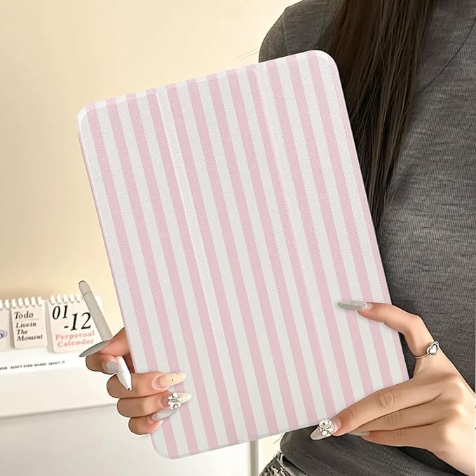 Lovmooful Compatible for iPad 11th 11-Inch A16 (2025),iPad 10 (10.9-Inch,2022 Model,10th Generation) Case with Pencil Holder Cute Striped Aesthetic Design Soft TPU Trifold Stand Protective-Pink&White