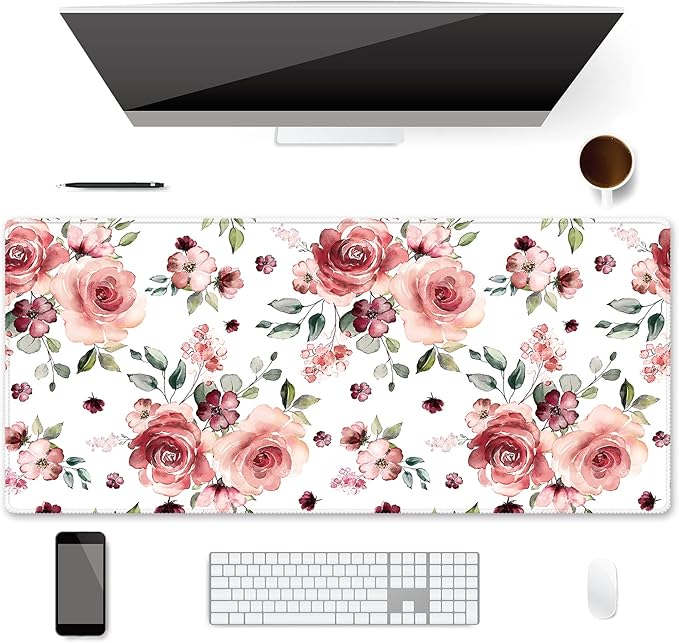 XXL Waterproof Office Desk Pad Protector 35.4x15.7 Inch - Extended Gaming Mouse Pad with Non-Slip Rubber Base, Thickened Keyboard Mat, Stitched Edges & Peony Flowers Design