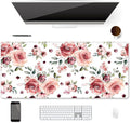 XXL Waterproof Office Desk Pad Protector 35.4x15.7 Inch - Extended Gaming Mouse Pad with Non-Slip Rubber Base, Thickened Keyboard Mat, Stitched Edges & Peony Flowers Design
