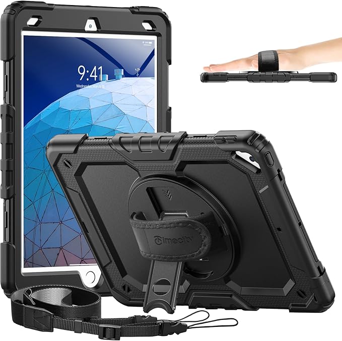 Timecity for iPad Air 3/ Pro 10.5 Inch Case, 360° Rotating Stand, Pencil Holder, Shockproof with Screen Protector & Shoulder Strap - Heavy Duty Protection Case for iPad Air 3rd Gen - Black