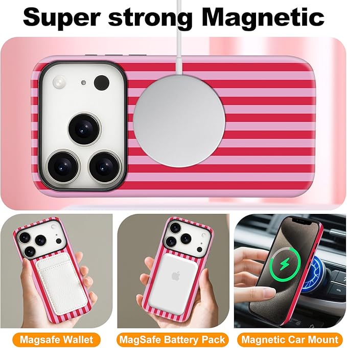Magnetic for iPhone 17 Pro Max Case Cute Stripes Phone Case, Shockproof Slim TPU and Hard PC Protective Phone Cover Compatible with MagSafe Designed for Women Girls, Pink and White