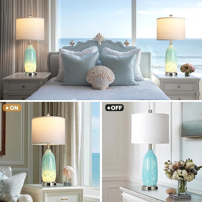 Rinweey 26" Bule Glass Table Lamps Set of 2,Nautical lamp with USB A+C Ports & AC Outlet,Coastal Bedside Lamps with 3-Way Dimmable Touch Control Night Light for Bedroom Living Room,Sky Blue