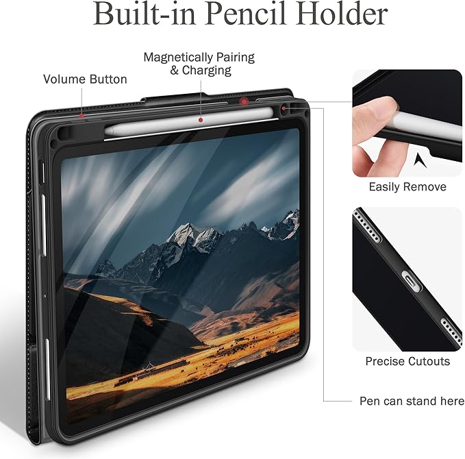 auaua Case for iPad Pro 11 Inch (M5/M4) 2025/2024, with Pencil Holder and Pocket, Multiple Angles Viewing, Magnetic Closure, Auto Sleep/Wake (Black)