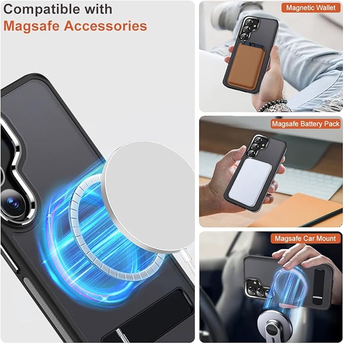 MALEWOLF Case for Galaxy S23 FE with 3 Modes Stand, Compatible with Magsafe, Color Collision Shockproof Cover with Anti-Slip Strip, Matte Translucent Magnetic Case for Galaxy S23 FE (Black/Grey)