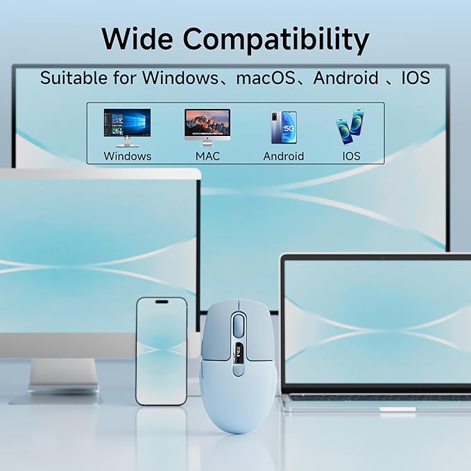 EWEADN Q1 Wireless Bluetooth Mouse, BT & 2.4G Computer Mouse with Battery & DPI LED Screen Display, Type-C Rechargeable with 1600 DPI Levels, 6 Button Silent Ergonomic Mouse for Laptop/PC/Mac-Blue