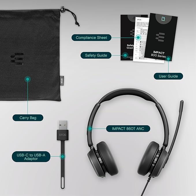 EPOS Impact 860T ANC Dual-Sided Wired Headset with Active Noise Cancellation, Microsoft Teams Certified, USB C and USB A, Super Wideband Audio, Ideal for Office Calls, Zoom, Home & Hybrid Work, Black