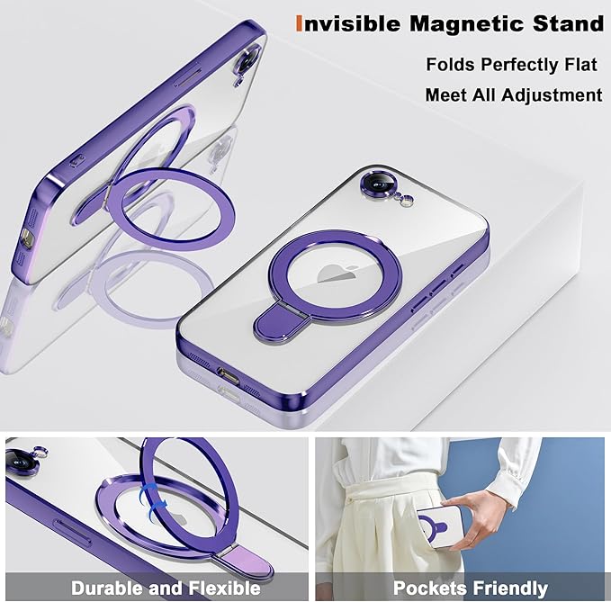 Compatible with iPhone 17E/16E Case with Invisible Magnetic Ring Stand [Compatible with Mag-Safe] [Full Camera Lens Protector] Plating Clear Phone Case for iPhone 17E/16E 6.1", Purple