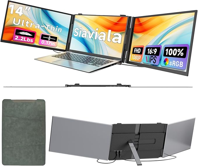 Laptop Screen Extender 0.17" Ultra-Thin, 14" 1080P FHD IPS Portable Monitor, Triple Screen Laptop Monitor Extender for 13"-17" Laptops, Plug & Play for Mac/Android/Chrome