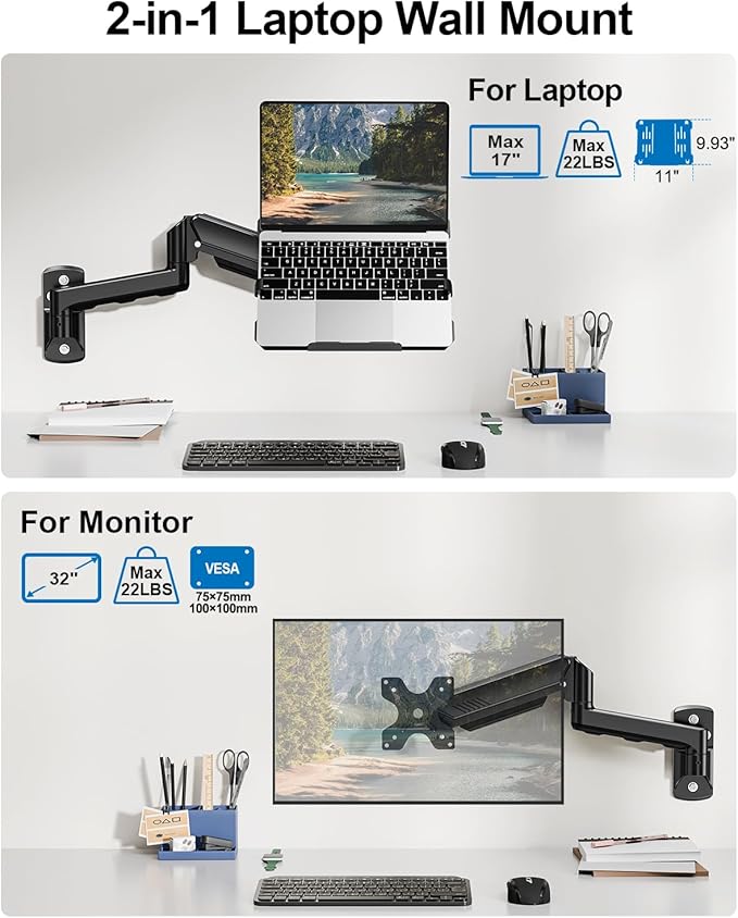 Laptop Wall Mount, 2-in-1 Monitor Wall Mount with Vented Tray fits Max 17" Notebook or 13-32" Computer Screen, Adjustable Laptop Arm Holds 4.4-22lbs, Gas Spring Laptop Holder Stand
