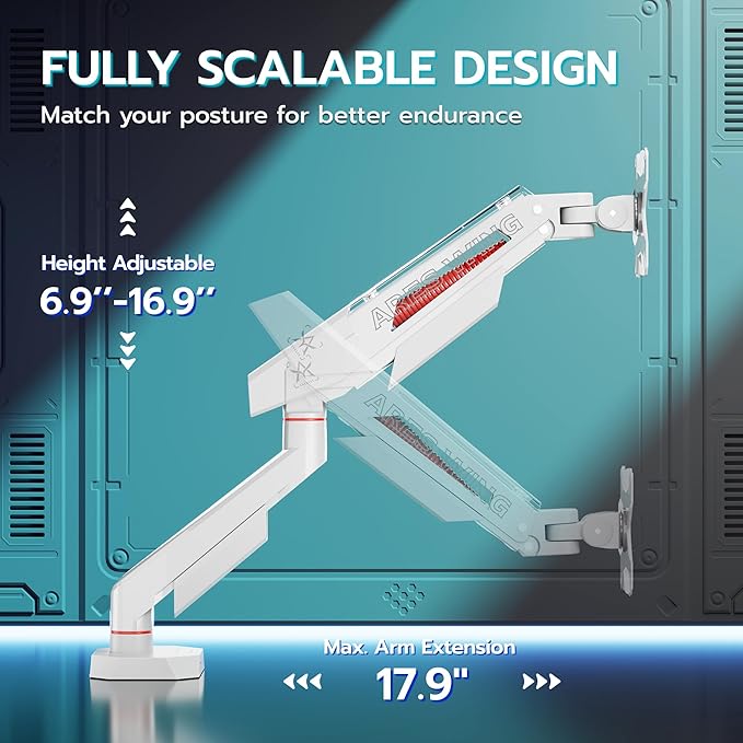 ARES WING Single Monitor Arm for 17-40 Inch Flat Curved Ultrawide Screens Up to 26.5lbs, Fully Adjustable Single Monitor Mount, C-Clamp & Grommet Base, 75/100 Vesa Mount, White