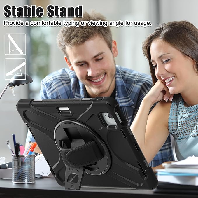 TSQQST Case for iPad Air 11 Inch M4 2026/M3 2025/M2 2024, Cover for iPad Air 5th 4th Generation 10.9"/Pro 11 4th/3rd/2nd/1st Heavy Duty Shockproof Case with Screen Protector+Stand+Hand Strap, Black