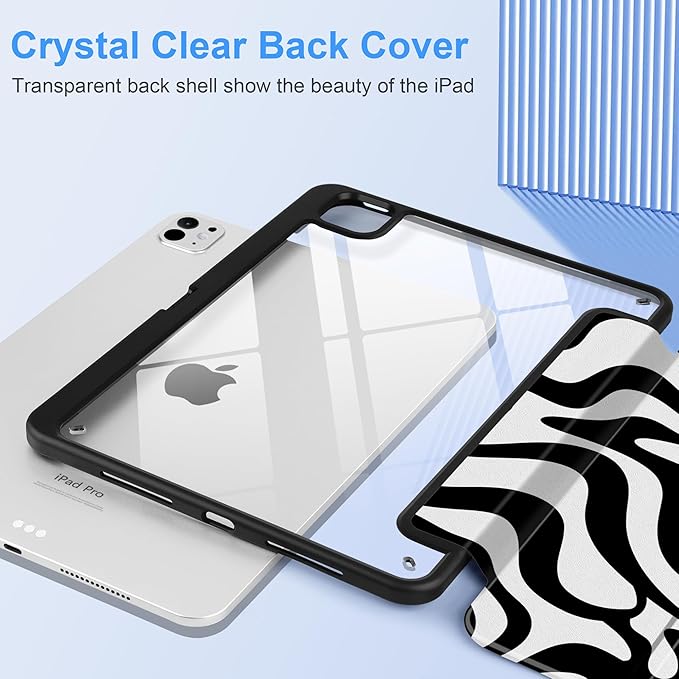 Case for iPad Pro 13 inch (M5) 2025 (M4) 2024 Release with Pencil Holder - Aesthetic Cute Preppy Design Trifold Cover with Soft TPU Bumper Clear Back Auto Sleep/Wake for Girls Women, Waves