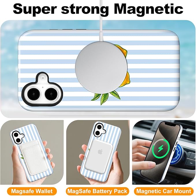 Magnetic for iPhone 17 Case Cute Lemon Stripes Phone Case, Shockproof Slim TPU and Hard PC Protective Phone Cover Compatible with MagSafe Designed for Women Girls, Blue