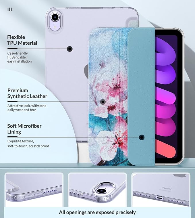 MoKo Case Fit New iPad mini 7 (A17 Pro) 2024, iPad mini 6th Generation Case 2021 (8.3-inch), iPad mini 6 Case, Soft TPU Translucent Frosted Back Cover Case for iPad mini 7th, Peach Blossom