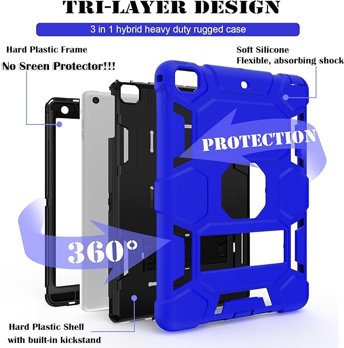 CCMAO iPad 6th Generation Cases, iPad 5th Generation Case, iPad 9.7 Case, iPad Air 2 Case, Hybrid Shockproof Rugged Drop Protection Case Built with Kickstand, Dark Blue+Black