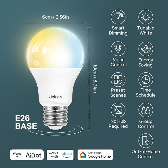 Linkind Smart Light Bulbs 6-Pack A19 E26, Tunable White 2700K-6500K (CRI>90), Compatible with Alexa & Google Home, 2.4GHz Wi-Fi & Bluetooth, 800LM 60W Equivalent