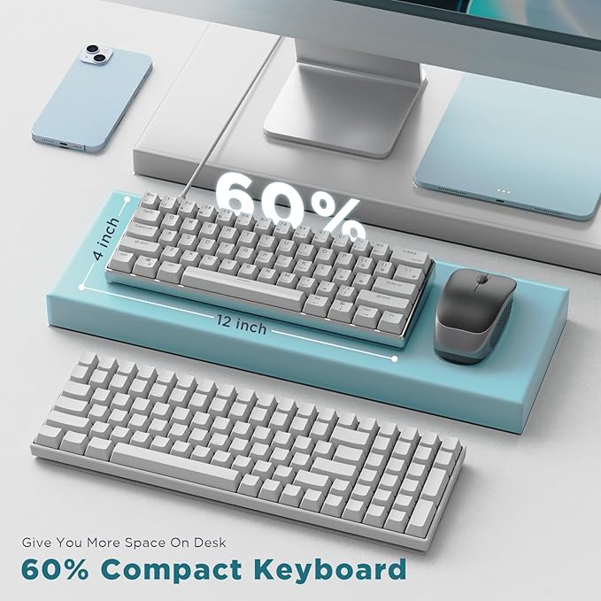 RK ROYAL KLUDGE 60% Mechanical Keyboard RK61 Pro, Wired Gaming Keyboard Aluminum Frame, Programmable RGB Backlit 61 Keys Ultra-Compact, Gateron Brown Switch, White